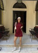 Osy Modal Yumuşak Dokulu Kumaş Parçalı Bisiklet Yaka T-shirt Mini Şortlu Etek İkili Takım -Bordo resmi